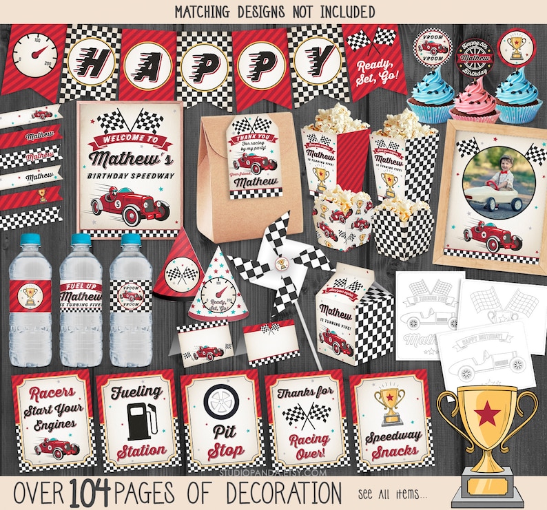May include: A set of printable party decorations for a race car themed birthday party. The decorations include banners, cupcake toppers, water bottle labels, favor boxes, and more. The decorations are in red, black, and white with a checkered pattern.