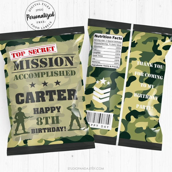 Camouflage Chip Bag, Personalized, Camo Wrappers, Army Decoration, Military Deco, Soldier Party, COD, Military Chip, Soldier Potato Chips