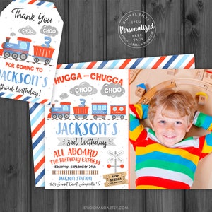 May include: A blue and red train birthday invitation with a photo of a young boy. The invitation says "Hugga-Chugga Choo Choo Jackson's 3rd Birthday All Aboard The Birthday Express Saturday, September 24th Jackson Station 1639 Sunset Court Amarillo, Tx 4:00-7:00 PM RSVP Stella"