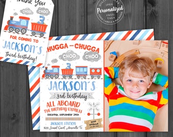 May include: A blue and red train birthday invitation with a photo of a young boy. The invitation says "Hugga-Chugga Choo Choo Jackson's 3rd Birthday All Aboard The Birthday Express Saturday, September 24th Jackson Station 1639 Sunset Court Amarillo, Tx 4:00-7:00 PM RSVP Stella"