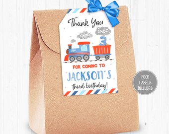 May include: A blue and red train with a white number 3 on the side, with the text "Thank You" and "FOR COMING TO JACKSON'S third birthday!" on a white background with a blue and red striped border.