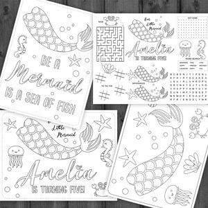 May include: A printable coloring page featuring a mermaid with the text "Be a Mermaid is a Sea of Fish" and "Our Little Mermaid Amelia is Turning Five!"  The page includes a maze, tic-tac-toe, a word search, and a dot-to-dot game.