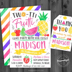 Two Tti Frutti Birthday Invitation 1, Personalized, Tutti Frutti Twotti Pineapple Watermelon Summer Fruit Strawberry StudioPanda