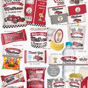 May include: A set of printable party favor labels and wrappers featuring a red race car with checkered flags and the text "Start your engines Mathew is turning five!" The labels are designed for various party snacks, including candy bars, chip bags, water bottles, and favor boxes.