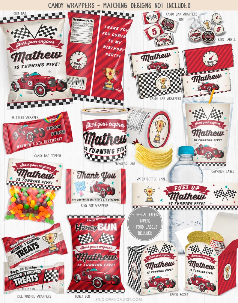 May include: A set of printable party favor labels and wrappers featuring a red race car with checkered flags and the text "Start your engines Mathew is turning five!" The labels are designed for various party snacks, including candy bars, chip bags, water bottles, and favor boxes.