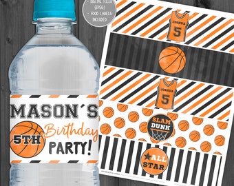 Etichette per bottiglie d'acqua da basket, personalizzate, etichette sportive, etichette da basket, pallacanestro Slam Dunk Party Hoop Court Game On Ball