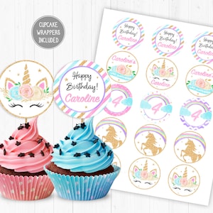 May include: A set of cupcake toppers featuring a unicorn theme with gold glitter accents. The toppers include a unicorn face, a rainbow, and the words "Happy Birthday! Caroline".