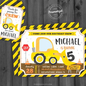 Construction Birthday Invitation 4, Personalized, Construction Party, Digger Bulldozer Crane Caution Dump Truck Tractor Builder StudioPanda