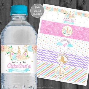 Unicorn Water Bottle Labels, Personalized, Unicorn Favor, Unicorn Supplies, Printable Template, Rainbow Unicorn Glitter StudioPanda