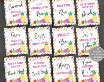May include: 18 printable party signs featuring a tropical fruit theme. The signs include phrases like "Caramel Apple Bar", "Hot Chocolate Bar", "Coffee Bar", "Help Your Self To Drinks", "Favors Please Take One", "Enjoy Some Food", "Fruit Bar", "Let's Have Fun Today", "Gifts and Cards Thank You", "Please Sign Our Guest Book", "Happy Birthday", and "Come Inside It's Fun Inside".