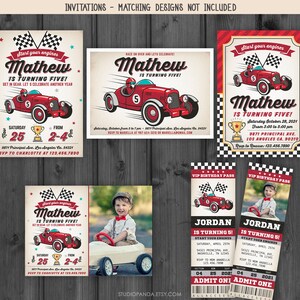 May include: A red, white, and black race car themed birthday party invitation for a boy turning five. The invitation features a red race car with a number five on the side. The text on the invitation says "Mathew is turning five!" and includes the date, time, and location of the party. The invitation also includes a VIP birthday pass with the boy's name and a picture of him in a race car.