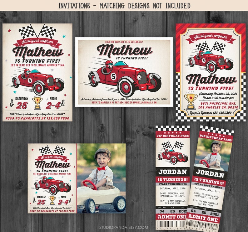 May include: A red, white, and black race car themed birthday party invitation for a boy turning five. The invitation features a red race car with a number five on the side. The text on the invitation says "Mathew is turning five!" and includes the date, time, and location of the party. The invitation also includes a VIP birthday pass with the boy's name and a picture of him in a race car.