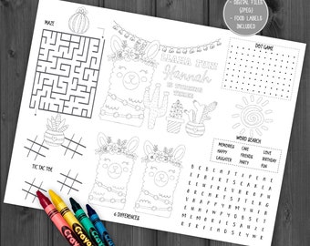 May include: Black and white printable activity sheet with a llama theme. The sheet includes a maze, tic-tac-toe game, dot game, word search, and a find the differences game. The text on the sheet reads "Llama Fun! Hannah is turning three".