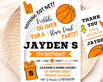 Basketball Invitation + Favor Tag, Personalized, Basketball Decoration, Sports Invitation, Slam Dunk, Party Hoop, Game On, All Star, BSK