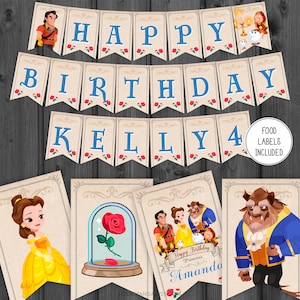 Beauty And The Beast Happy Birthday Banner, Personalized, Beauty Banner, Beauty Poster, Princesa Bella Y Bestia Princess Belle Party