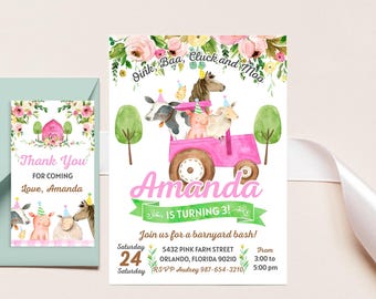 May include: Pink, green, and white birthday invitation with a watercolor illustration of farm animals riding in a pink tractor. The text reads "Pink, Baa, Cluck and Moo" and "Amanda is turning 3!" with a floral border. The invitation includes the date, time, address, and RSVP information.