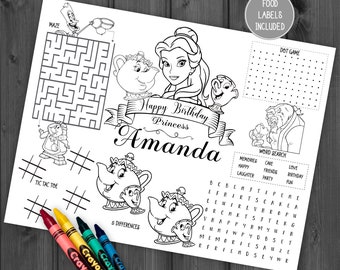 Beauty And The Beast Activity And Coloring Pages, Personalized, Beauty Bundle, Beauty Activity, Princesa Bella Y Bestia Princess Belle Party