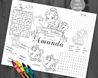 Beauty And The Beast Activity And Coloring Pages, Personalized, Beauty Bundle, Beauty Activity, Princesa Bella Y Bestia Princess Belle Party