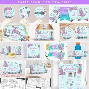 May include: A mermaid-themed party bundle with 23 items, including invitations, favor bags, cupcake toppers, water bottle labels, treat bags, and a welcome sign. The colors are teal, purple, and pink with a glitter effect. The text on the items says "Our Little Mermaid Amelia is turning five!" and "Welcome to Amelia's First Birthday Shell-ebration!"
