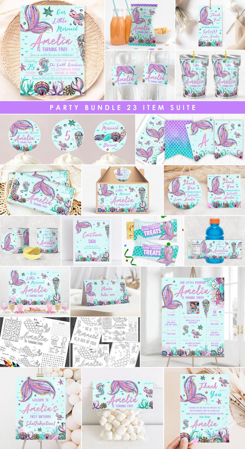 May include: A mermaid-themed party bundle with 23 items, including invitations, favor bags, cupcake toppers, water bottle labels, treat bags, and a welcome sign. The colors are teal, purple, and pink with a glitter effect. The text on the items says "Our Little Mermaid Amelia is turning five!" and "Welcome to Amelia's First Birthday Shell-ebration!"
