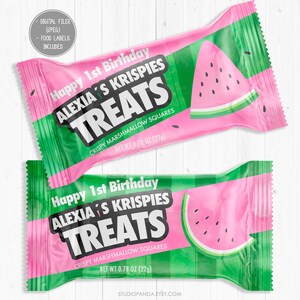 Watermelon Rice Krispie Treat, Personalized, Watermelon Treat, Watermelon Wrappers, One In A Melon, First Birthday, Pool Party, Summer Party