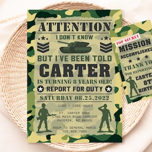 Soldat Einladung + Gastgeschenkanhänger, Personalisiert, Armee Einladung, Militär Einladung, Soldaten Dekoration, Camo, Soldaten Party, CM1