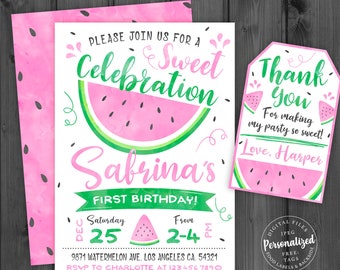 Watermelon Invitation 2, Personalized, One In A Melon Invitation, First Birthday Invitation, Pool Party Invitation, Summer Party Invitation