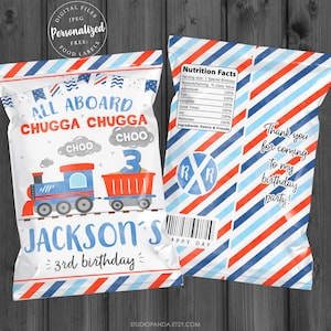 Train Chip Bag, Personalized, Train Birthday, Train Decoration, Train Wrapper, Steam Engine, Choo, Chugga, Train Favor, Train Party