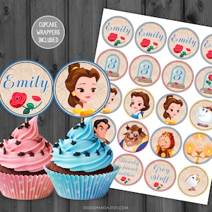Die Schöne und das Biest Cupcake Topper und Wrapper, personalisiert, Beauty Bundle, Beauty Favor, Prinzessin Die Schöne und das Biest Prinzessin Belle Party