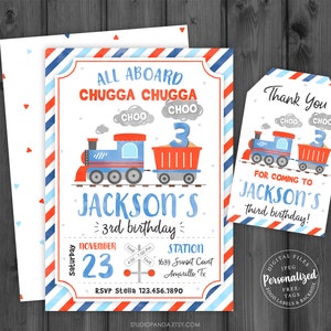 Puede incluir: Una invitación de cumpleaños de tren azul y rojo con el texto "All Aboard Chugga Chugga Choo Choo 3 Jackson's 3rd Birthday" y una ilustración de tren. La invitación incluye la fecha "November 23", la hora "4:00-7:00 PM" y la ubicación "1639 Sunset Count Amarillo Tx".