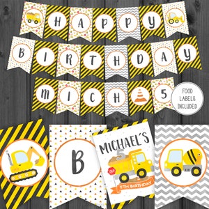 Construction Happy Birthday Banner, Personalized, Flags Banner Poster Digger Bulldozer Crane Caution Dump Truck Tractor Builder StudioPanda