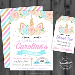 May include: A pink and blue unicorn birthday invitation with gold glitter accents. The invitation features a unicorn head with a gold horn, pink ears, and closed eyes. The text on the invitation reads "A magical day is on the way! Caroline's 5th Birthday".