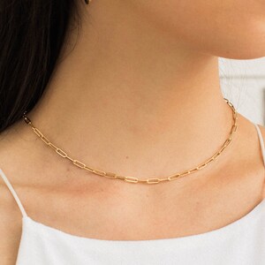 May include: A gold-colored paperclip chain necklace and matching hoop earrings. The jewelry is worn on a person wearing a white spaghetti strap top. The background is a white brick wall.