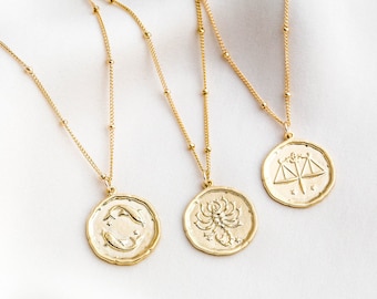 Gold Zodiac Coin Necklace / Gold Constellation Necklace / Zodiac Sign Necklace / Scorpio Necklace / Birthday Necklace / Bridesmaid Necklace