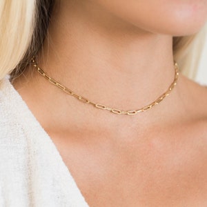 May include: A delicate gold-colored chain necklace with a rectangular link design. The necklace is worn around the neck, resting on the collarbone. The chain is a simple, elegant piece of jewelry.