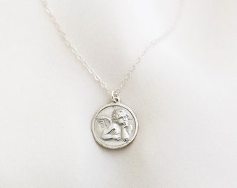 Sterling Silver Cherub Necklace / Silver Angel Necklace / Angel Medallion Necklace / 14k Gold Filled Angel Coin Necklace / Grandma Gift