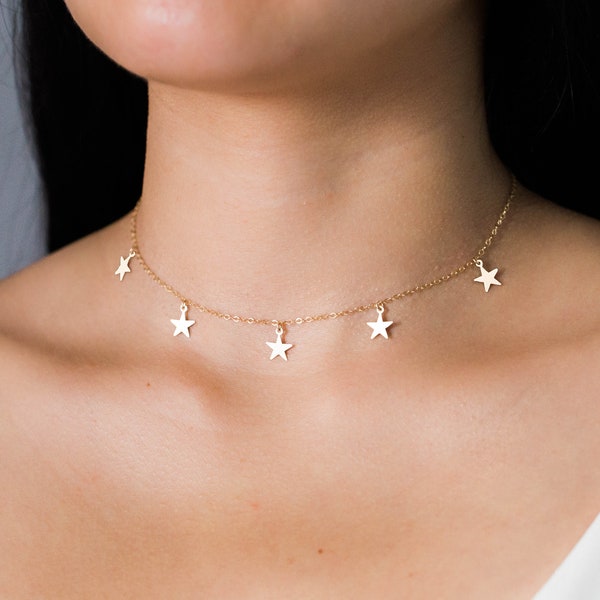 Dainty Star Choker Necklace / 14k Gold Filled Star Necklace / Sterling Silver Star Necklace / Dangle Star Layering Necklace / Gift for Her