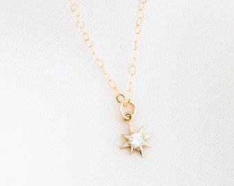 Gold Filled Starburst Necklace / Tiny North Star Necklace / Sterling Silver Starburst Diamond Necklace / Sunburst Necklace / Bridesmaid Gift