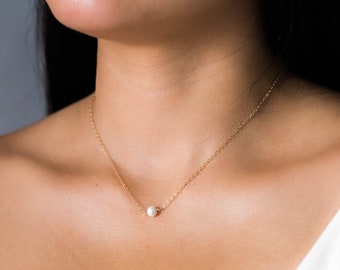 14k Gold Filled Pearl Necklace / Floating Pearl Necklace / Genuine Freshwater Pearl Necklace / Bridesmaid Necklace / Sterling Silver