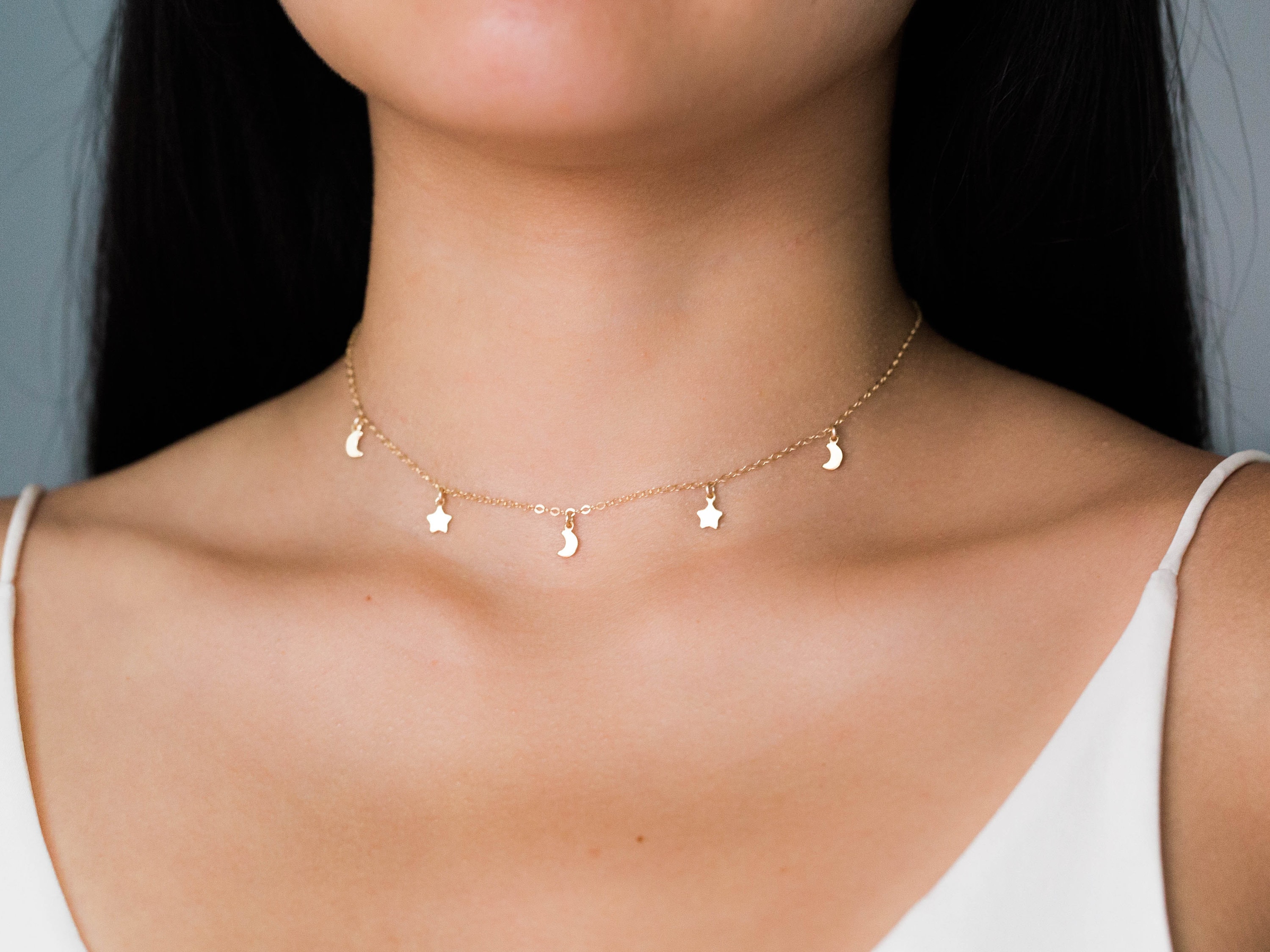 Dainty Moon \u0026 Star Dangle Necklace 