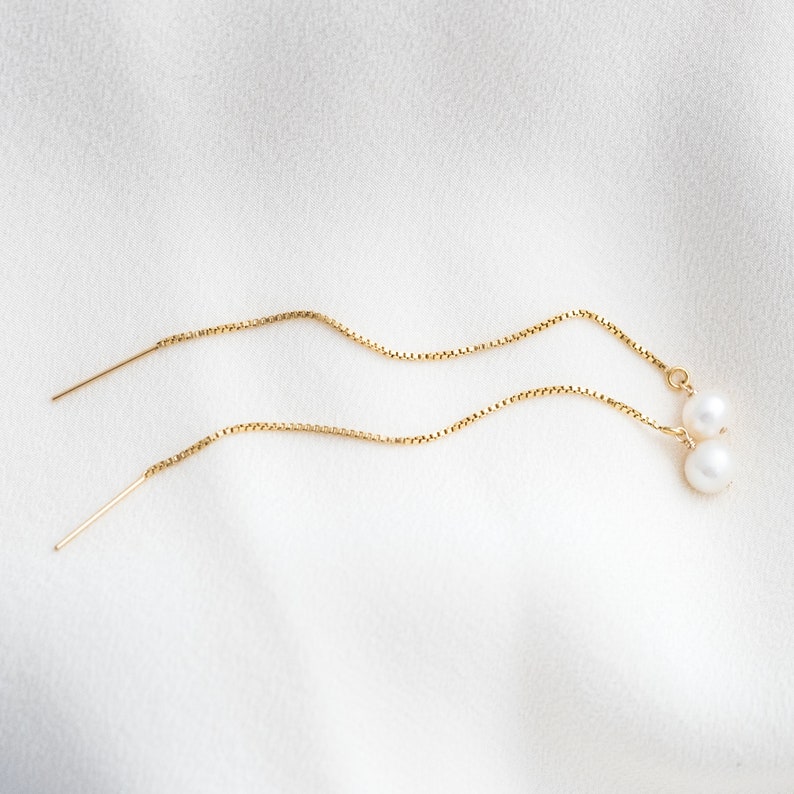 Dainty Pearl Threader Earrings / Gold Filled Threaders / Pearl Etsy