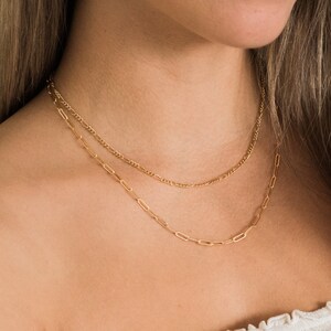 May include: Two gold necklaces layered on a person's neck. The top necklace is a delicate chain with small, evenly spaced links. The bottom necklace features a paperclip chain design with elongated rectangular links. The necklaces are a warm gold color.