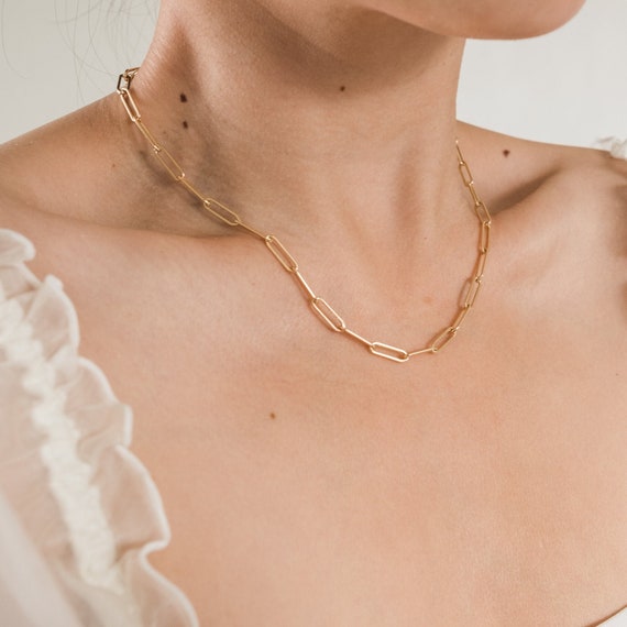 Gold Paperclip Chain Necklace Dainty Rectangle Link Paperclip Chain Necklace 16-inch No Tarnish