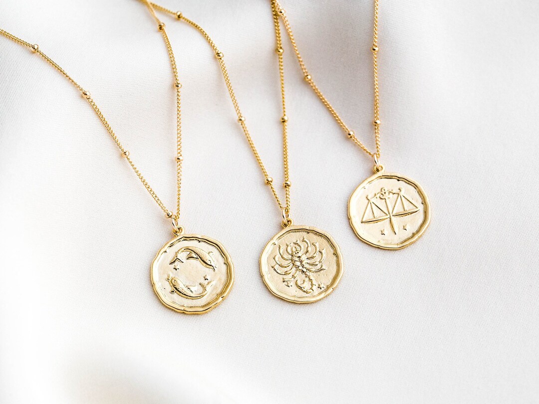 Gold Zodiac Coin Necklace / Gold Constellation Necklace / Zodiac Sign ...