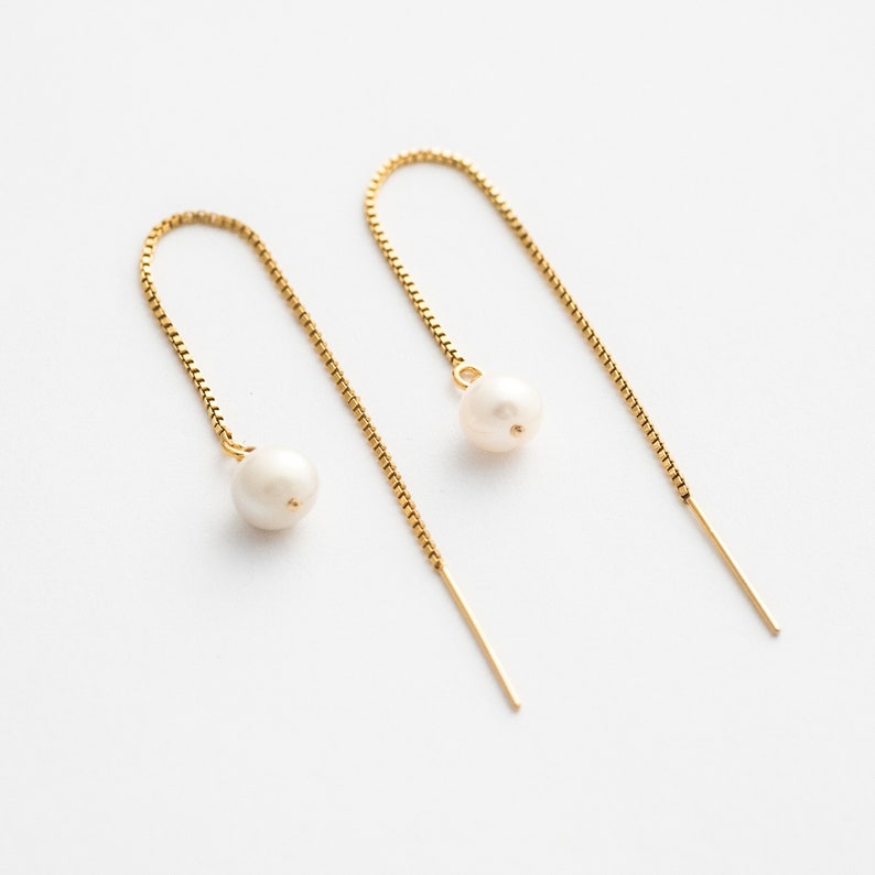 Dainty Pearl Threader Earrings / Gold Filled Threaders / Pearl Etsy