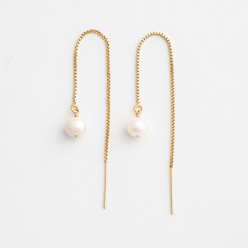 Dainty Pearl Threader Earrings / Gold Filled Threaders / Pearl Etsy