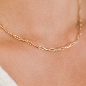 May include: A delicate gold-colored chain necklace with a paperclip link design. The necklace is shown on a person's neck, highlighting the chain's subtle elegance. The links are rectangular and evenly spaced.