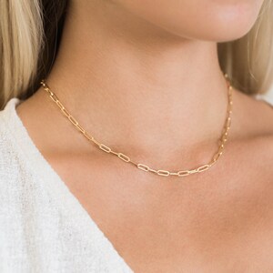 May include: A delicate gold-colored chain necklace with an elongated oval link design. The necklace is worn around the neck, resting on the skin. The background is a soft, neutral color, highlighting the jewelry.