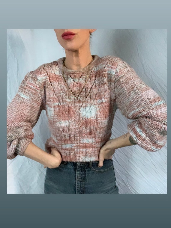 70's Mauve/Light Blue Marled Puff Sleeve Knit Swea