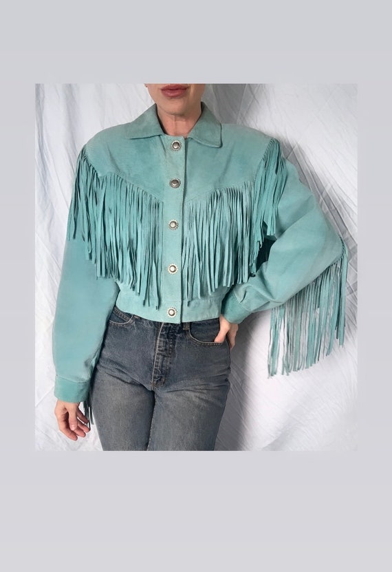80's Vintage Mint/Turquoise Fringe Suede Cropped J